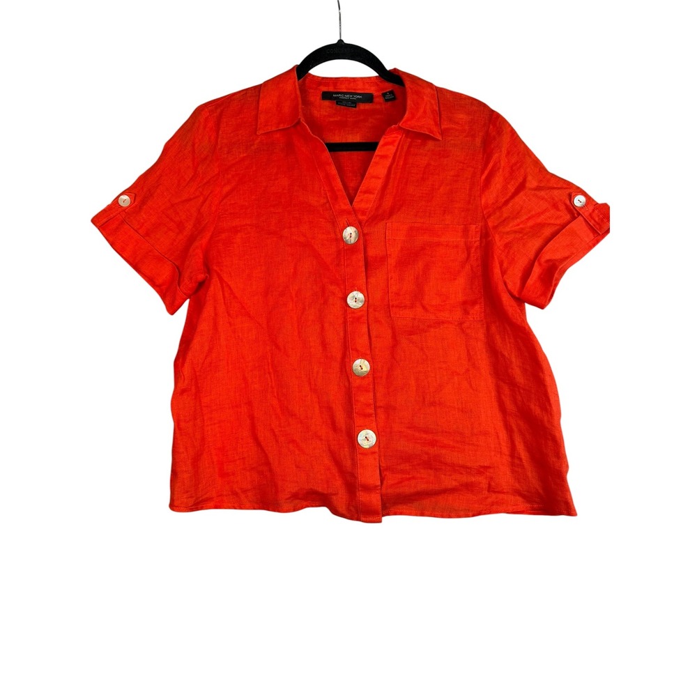 Marc New York‎ Andrew Marc Orange 100% Linen Short Sleeve Button Up Shirt Small